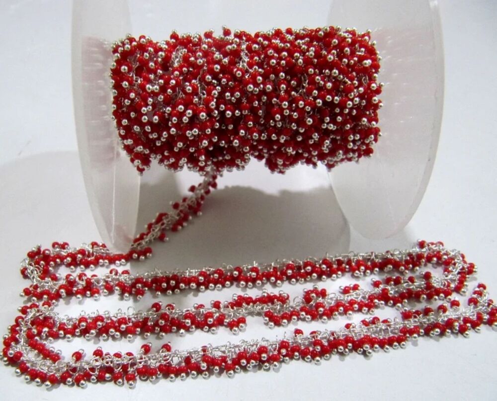 Red Coral Smooth 2mm Beads Cluster Chain