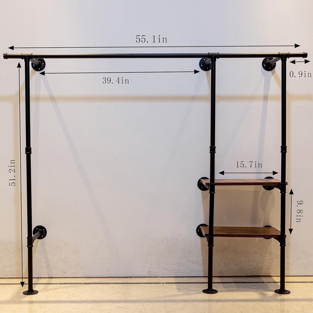 Industrial Pipe Clothing Rack With 2 Shelf Storage Planks,