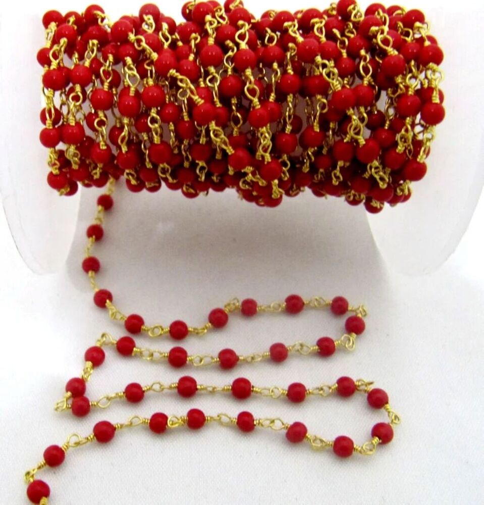 3 Feet-coral Quartz Plain Smooth Round 3mm Ball Shape Beaded Wire Wrapped Chain - Color: Red