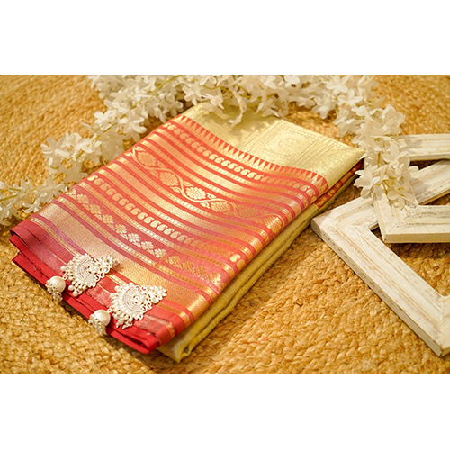 Handwoven Kanjivaram Banarsi Brocade Tissue Silk Saree With Light Gold Zari Work