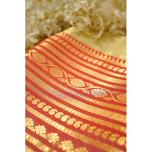 Handwoven Kanjivaram Banarsi Brocade Tissue Silk Saree With Light Gold Zari Work