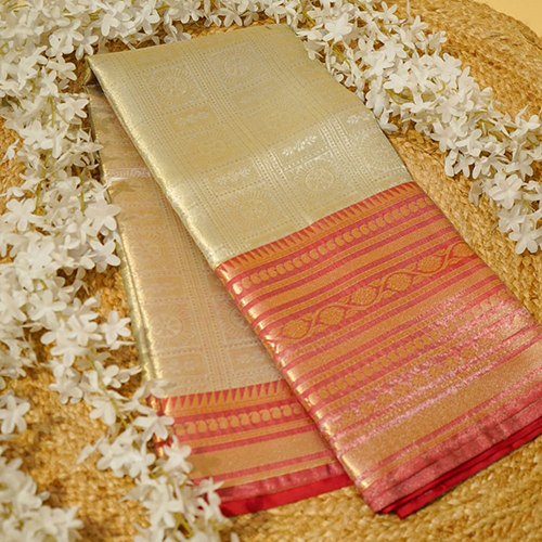 Handwoven Kanjivaram Banarsi Brocade Tissue Silk Saree With Light Gold Zari Work