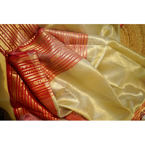 Handwoven Kanjivaram Banarsi Brocade Tissue Silk Saree With Light Gold Zari Work