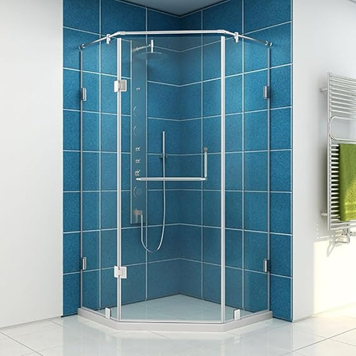 Two Fixed Panels With An Openable Door Fixed On Glass Bath Corner