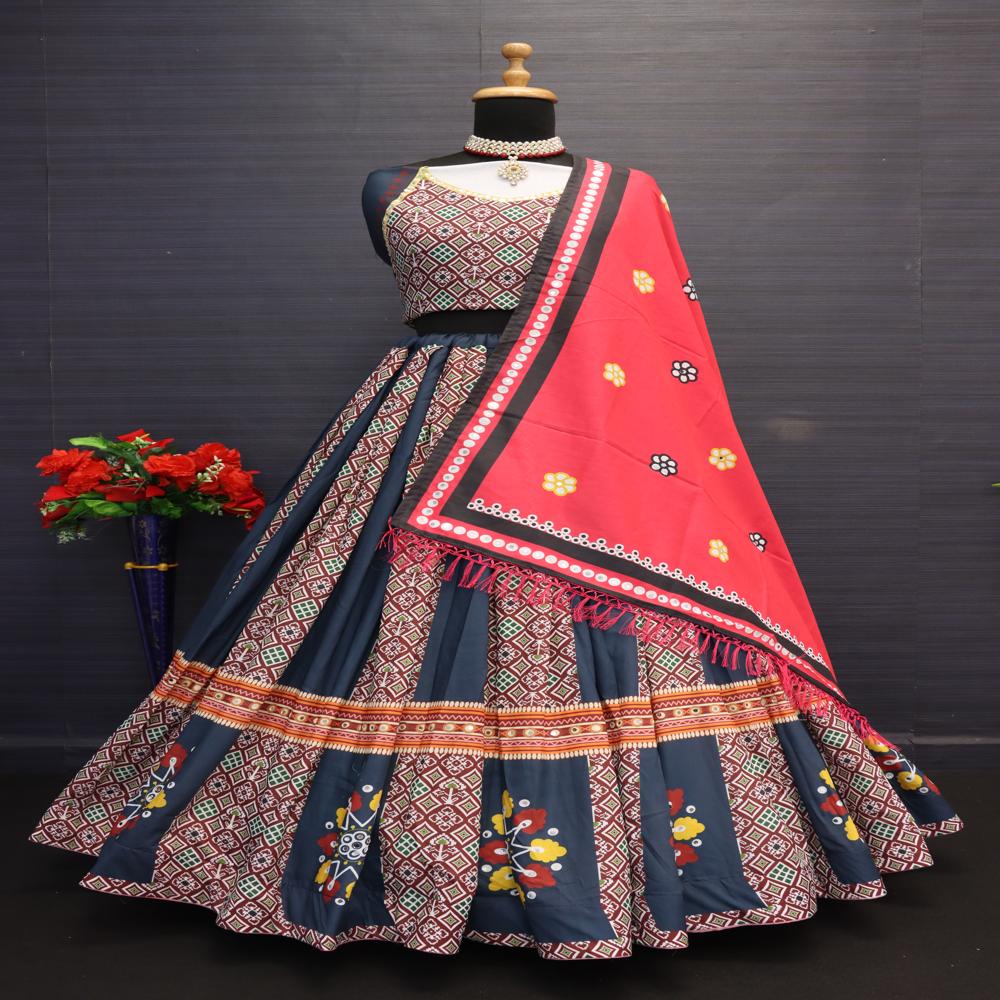 Digital Print Muslin Cotton Lehenga Choli - Semi-stitched, 42-inch Length, 4 Meter Flair, Multi Color With Real Mirror & Silk Blouse | Breathable, Unstitched Blouse, Dry Clean