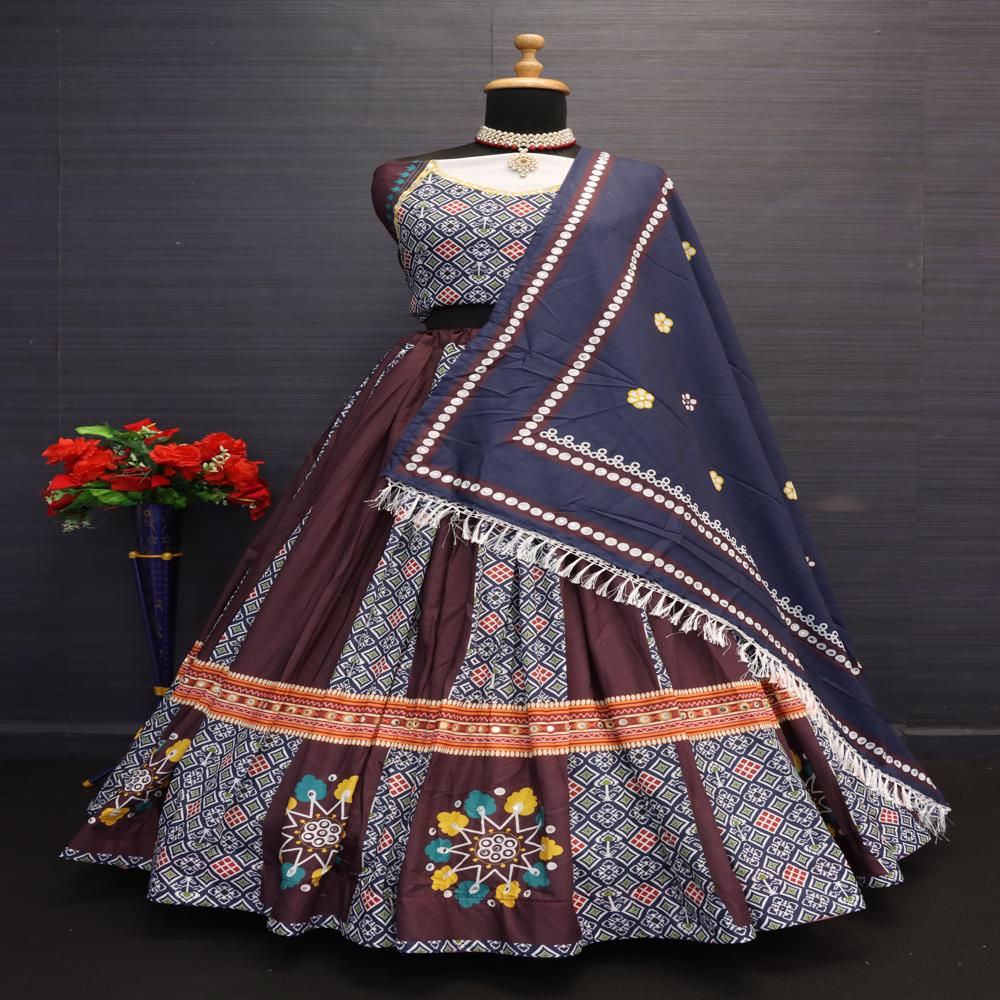 Digital Print Muslin Cotton Lehenga Choli - Color: Multi Color