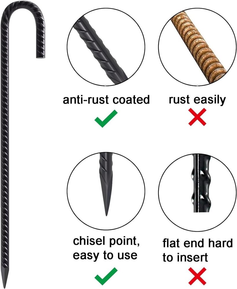 18 Inch Ground Rebar Stakes, 16Pcs J Hook Extra Heavy Duty Rust Proof Coated Steel Ground Anchors