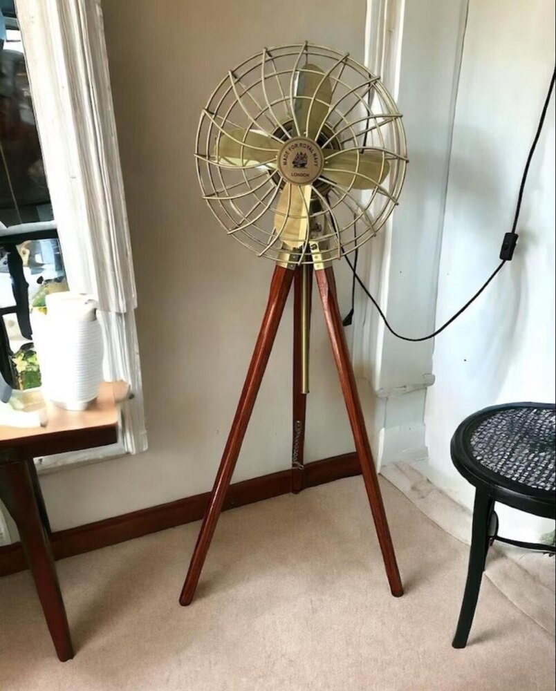 Brass Antique Finish Electric Floor Fan With Wooden Tripod Stand Vintage Inspired Standing Floor Fan