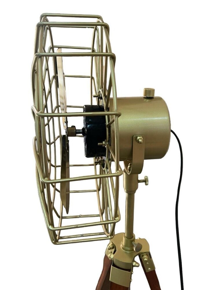 Brass Antique Finish Electric Floor Fan With Wooden Tripod Stand Vintage Inspired Standing Floor Fan - Finish: Polished