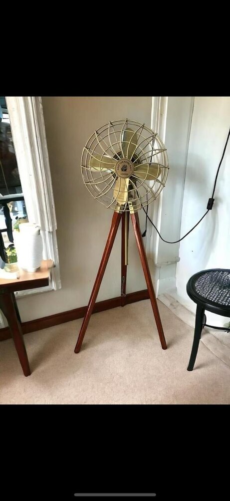 Brass Antique Finish Electric Floor Fan With Wooden Tripod Stand Vintage Inspired Standing Floor Fan - Finish: Polished