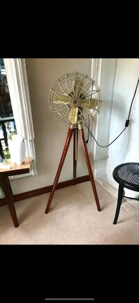 Brass Antique Finish Electric Floor Fan With Wooden Tripod Stand Vintage Inspired Standing Floor Fan