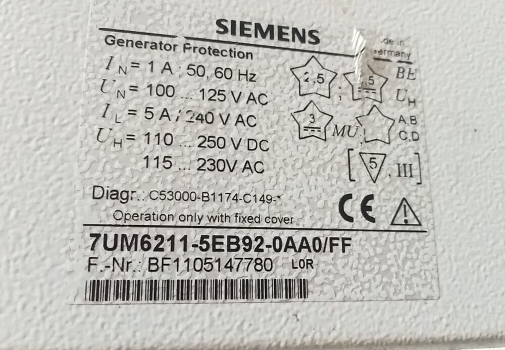Siemens 7um6211-5eb92-0aa0/ff (Bf1105147780) Generator Protection Relay