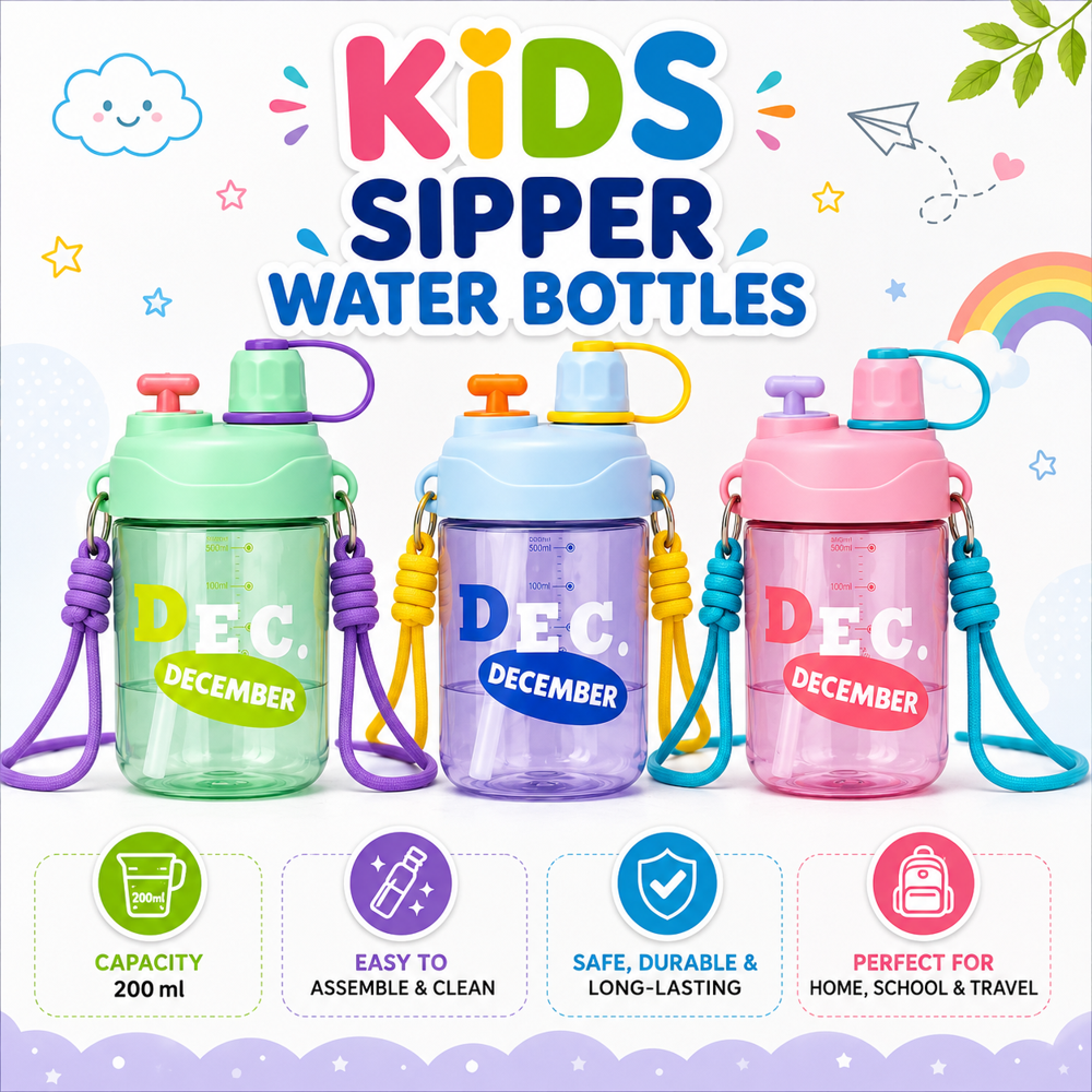 Cherrybox Kids Sipper Water Bottle - 400ML, Multi Color Design for Boys and Girls, Round Plastic Shape