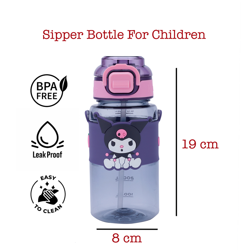 Cherrybox Cartoon Design Sipper Water Bottle - Plastic, 500ml Capacity, Multicolor | Lock Cap For Kids