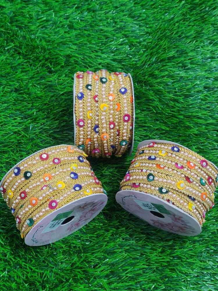 Zari Multi Lace - 1 Inch, Golden With Multi Color, Velvet Flower & Moti Material | Gota Patti Pattern, Fancy One Sided Design