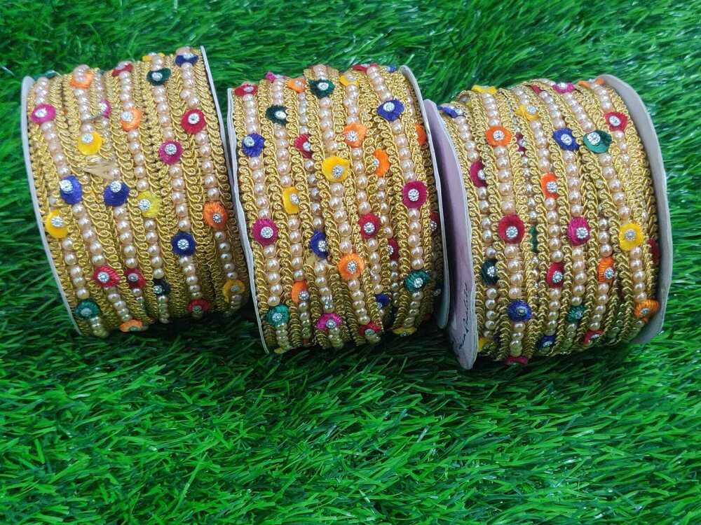 Zari Multi Lace - 1 Inch, Golden With Multi Color, Velvet Flower & Moti Material | Gota Patti Pattern, Fancy One Sided Design