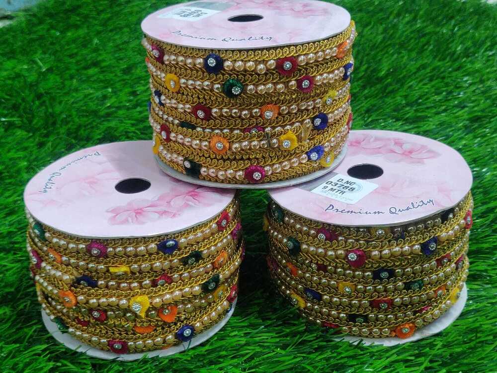 Zari Multi Lace - 1 Inch, Golden With Multi Color, Velvet Flower & Moti Material | Gota Patti Pattern, Fancy One Sided Design