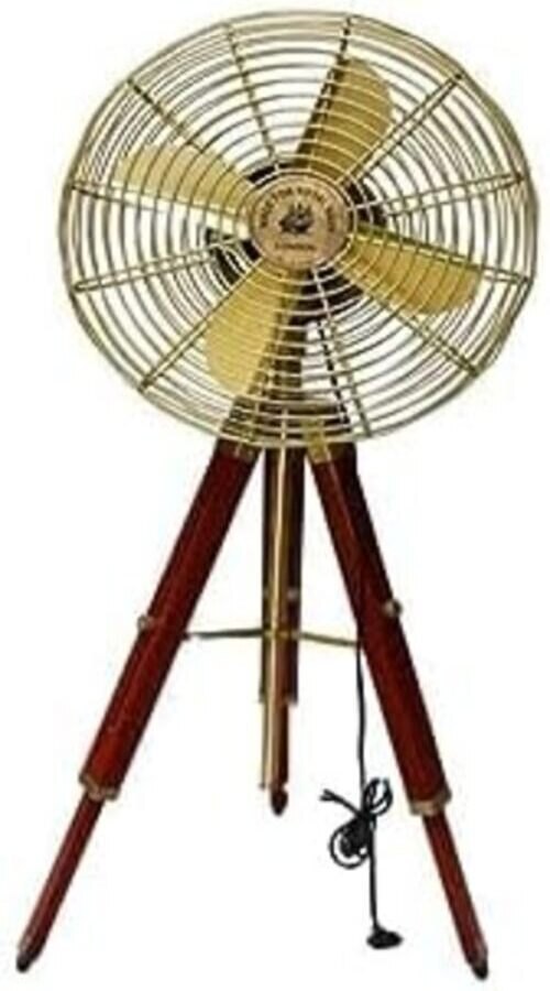 Vintage Style Brass Electric Floor Fan with Antique Wooden Tripod Stand