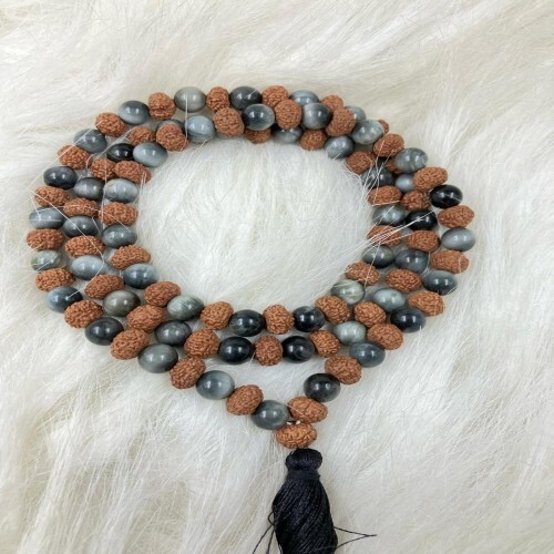 Natural Rudraksha And Cat'S Eye Stone Mala 108+1 Beads - Occasion: Traditional