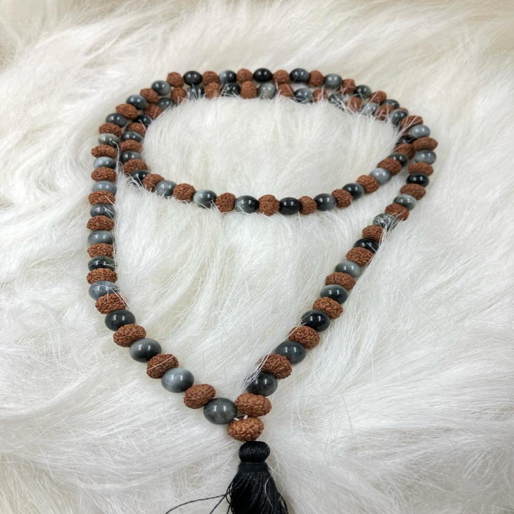 Natural Rudraksha And Cat's Eye Stone Mala 108+1 Beads - Occasion: Traditional