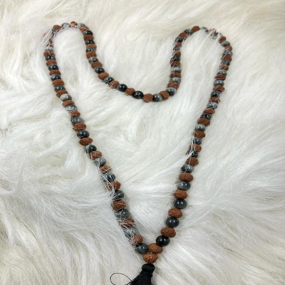 Natural Rudraksha And Cat's Eye Stone Mala 108+1 Beads - Occasion: Traditional