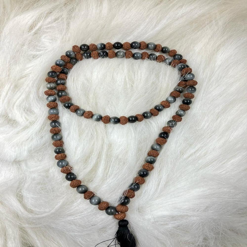 Natural Rudraksha And Cat's Eye Stone Mala 108+1 Beads - Occasion: Traditional