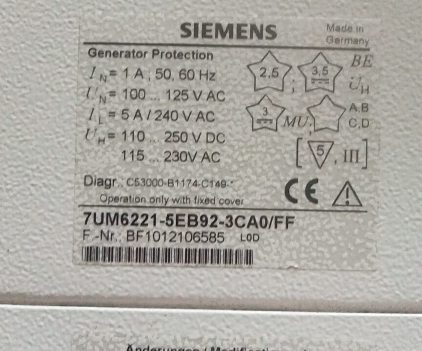 SIEMENS 7UM6221-5EB92-3CA0/FF (BF1012106585) GENERATOR PROTECTION RELAY