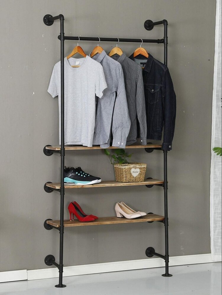 Industrial Pipe Clothing Rack Wood Garment Rack Pipeline Vintage Rolling Rack On Wall Black