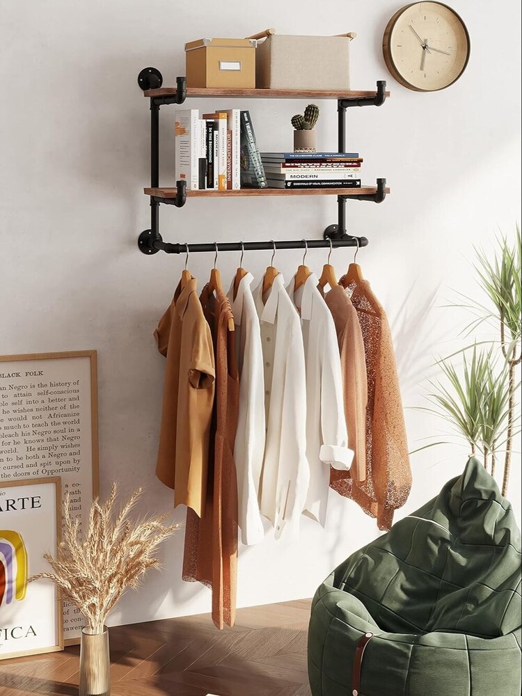 30in Industrial Pipe Clothing Rack,2-Tier Wall Mounted Clothes Rack, Pipe Clothing Rack with Shelf