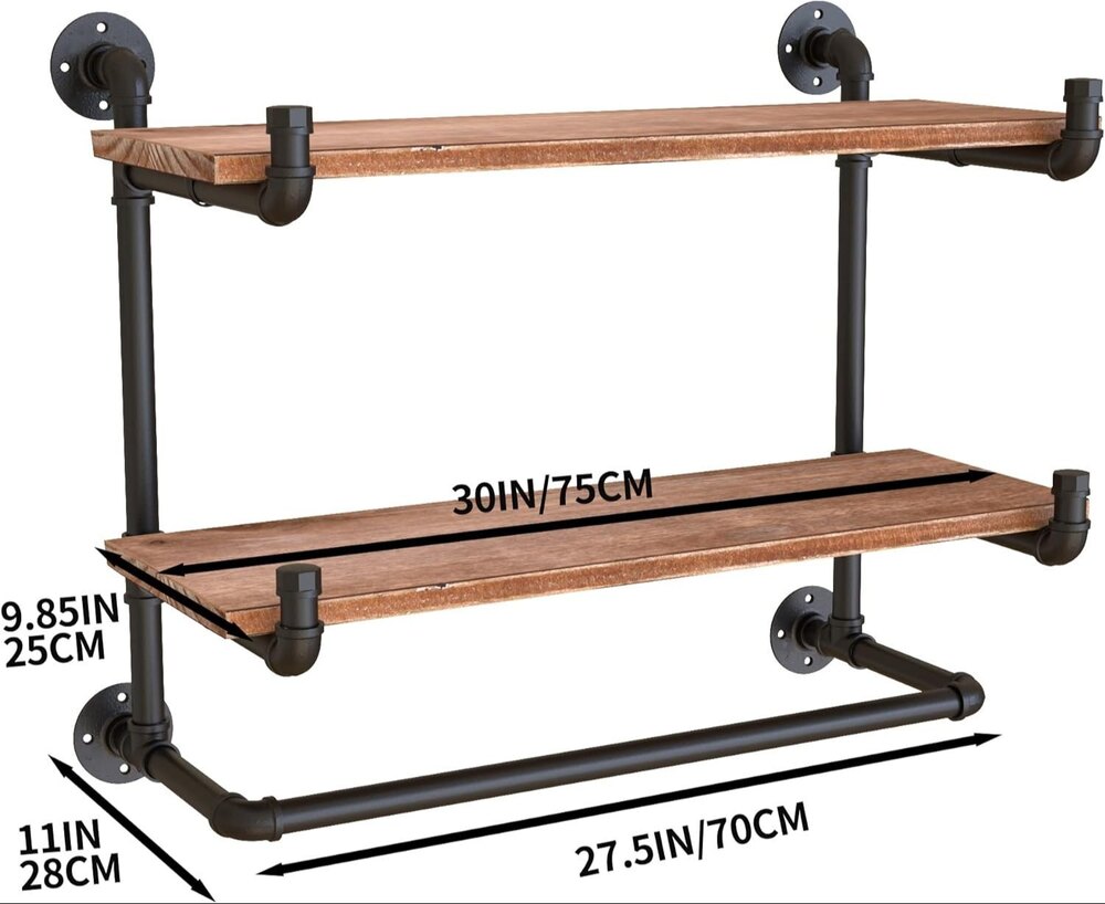 30in Industrial Pipe Clothing Rack,2-Tier Wall Mounted Clothes Rack, Pipe Clothing Rack with Shelf