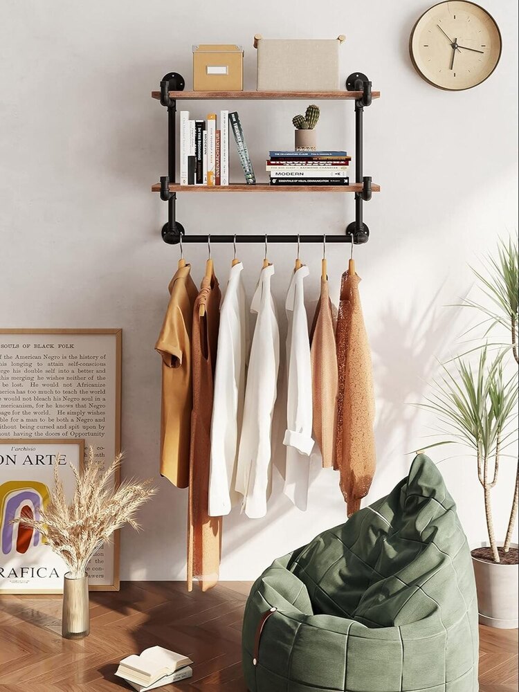 30in Industrial Pipe Clothing Rack,2-Tier Wall Mounted Clothes Rack, Pipe Clothing Rack with Shelf