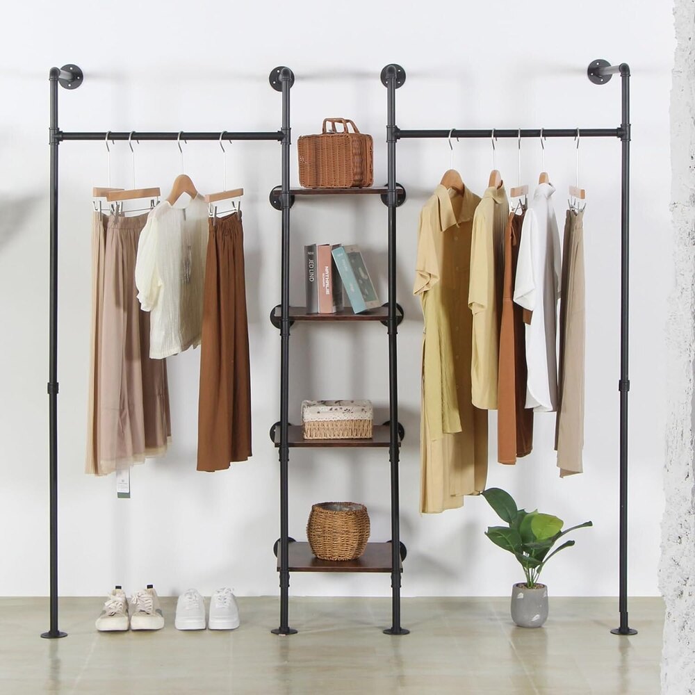 Wall Mounted Pipe Heavy Duty Clothes Rack,2 Hang Rods & 4 Shelves, 72.8" W x 17.7" D x 71" H