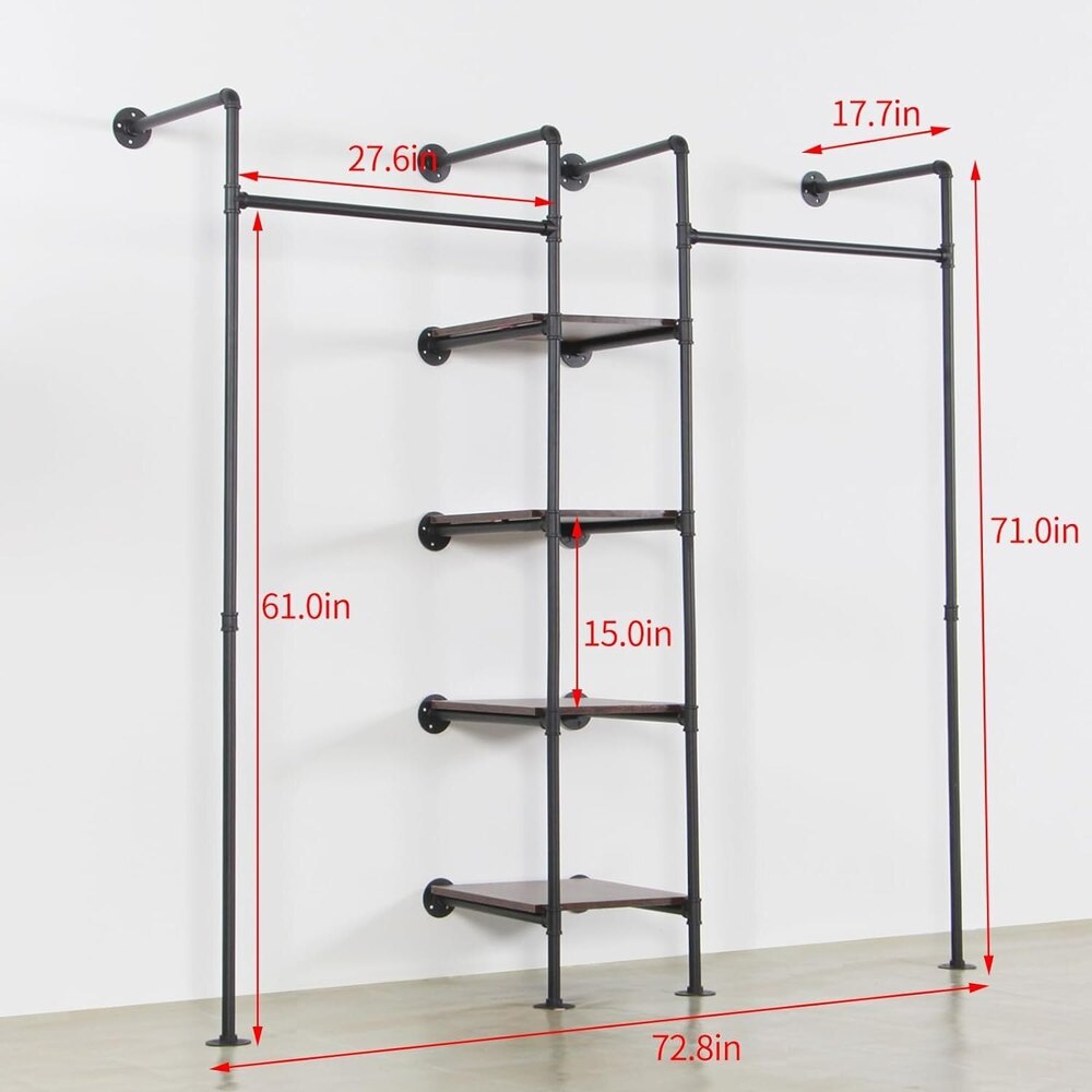 Wall Mounted Pipe Heavy Duty Clothes Rack,2 Hang Rods & 4 Shelves, 72.8