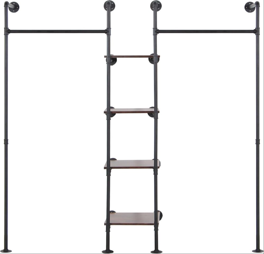 Wall Mounted Pipe Heavy Duty Clothes Rack,2 Hang Rods & 4 Shelves, 72.8