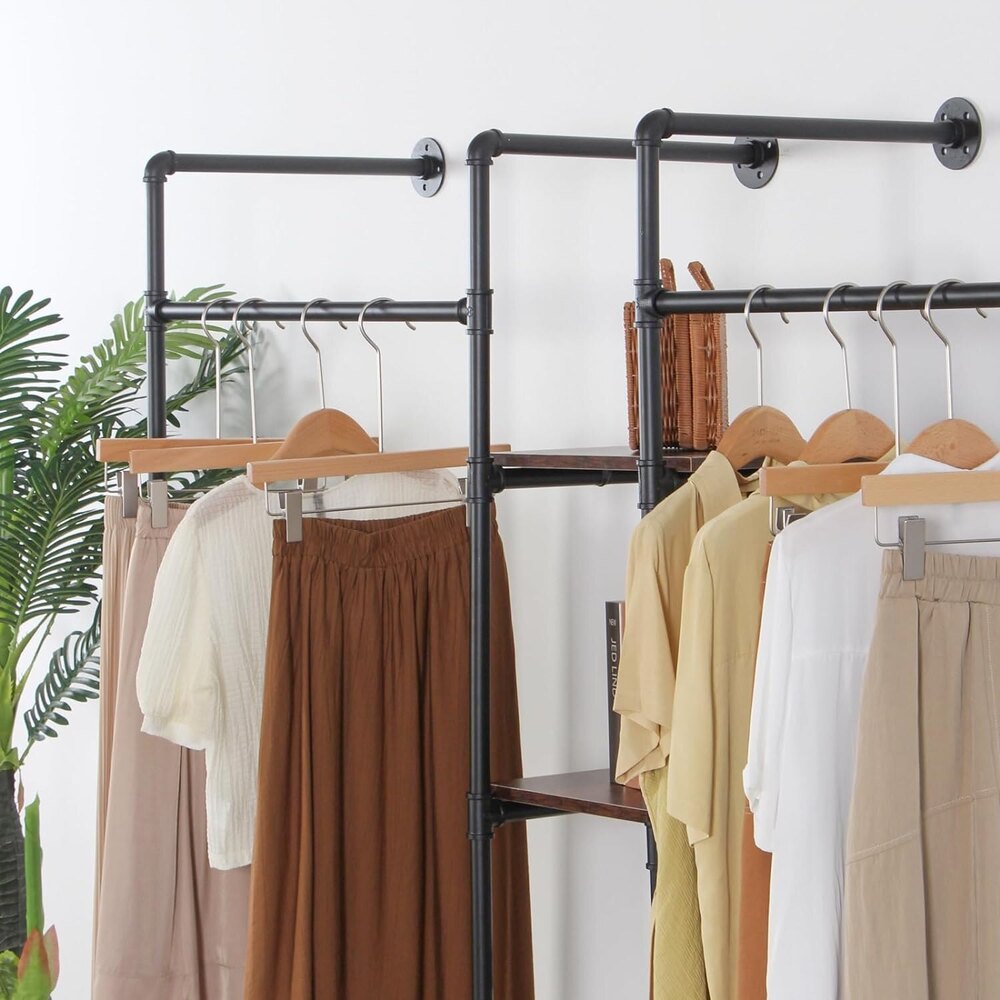 Wall Mounted Pipe Heavy Duty Clothes Rack,2 Hang Rods & 4 Shelves, 72.8