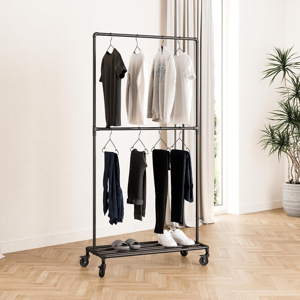 Heavy duty clothes rack with wheels - Industrial pipe clothing rack metal black