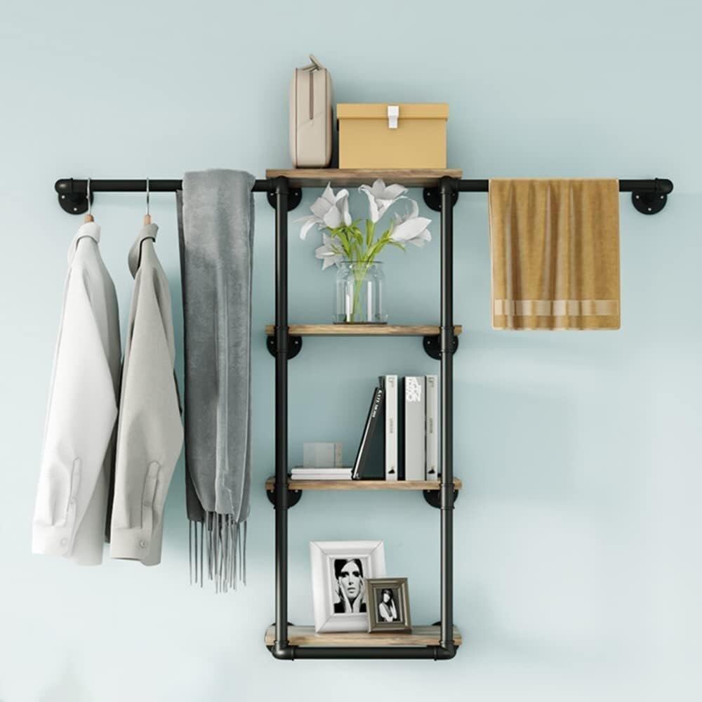 Wall Mounted Pipe Clothing Rack with Shelves, Industrial Clothes Rack with 4 Tier Closet Bar