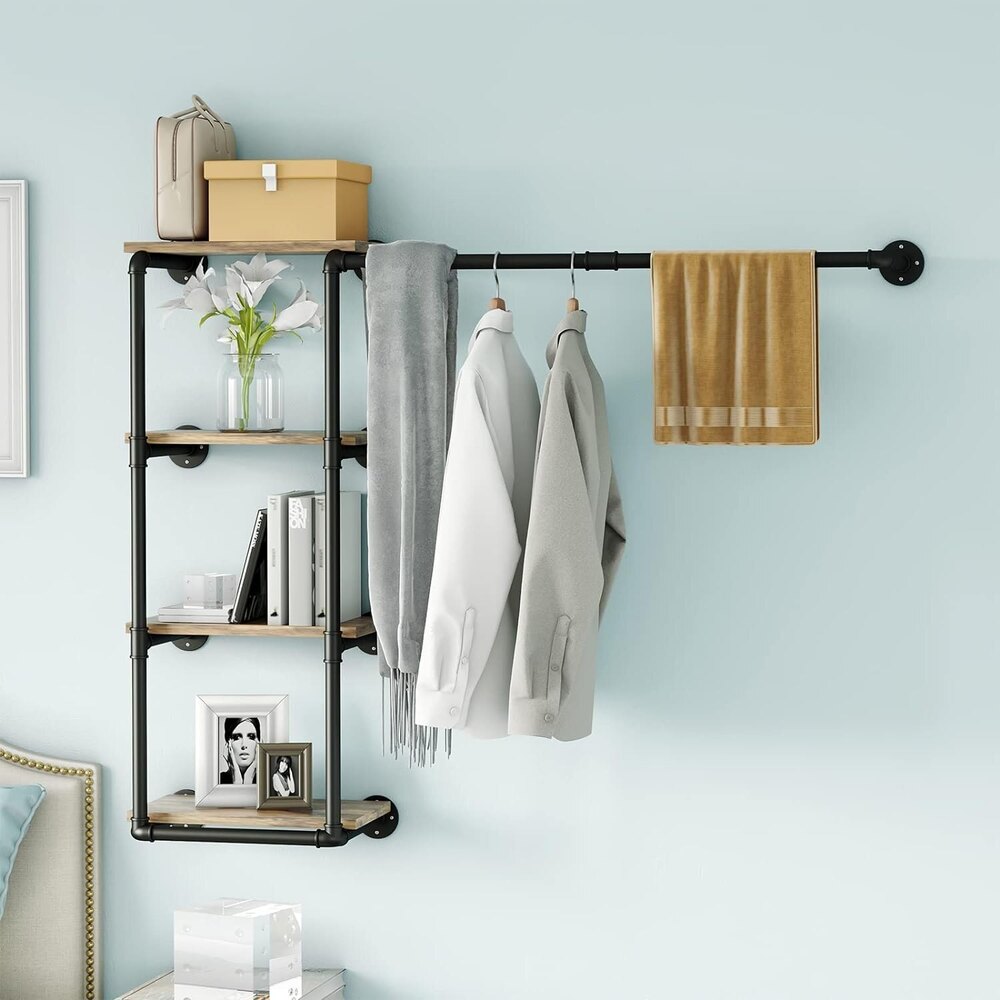 Wall Mounted Pipe Clothing Rack with Shelves, Industrial Clothes Rack with 4 Tier Closet Bar