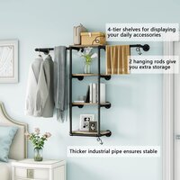 Wall Mounted Pipe Clothing Rack with Shelves, Industrial Clothes Rack with 4 Tier Closet Bar