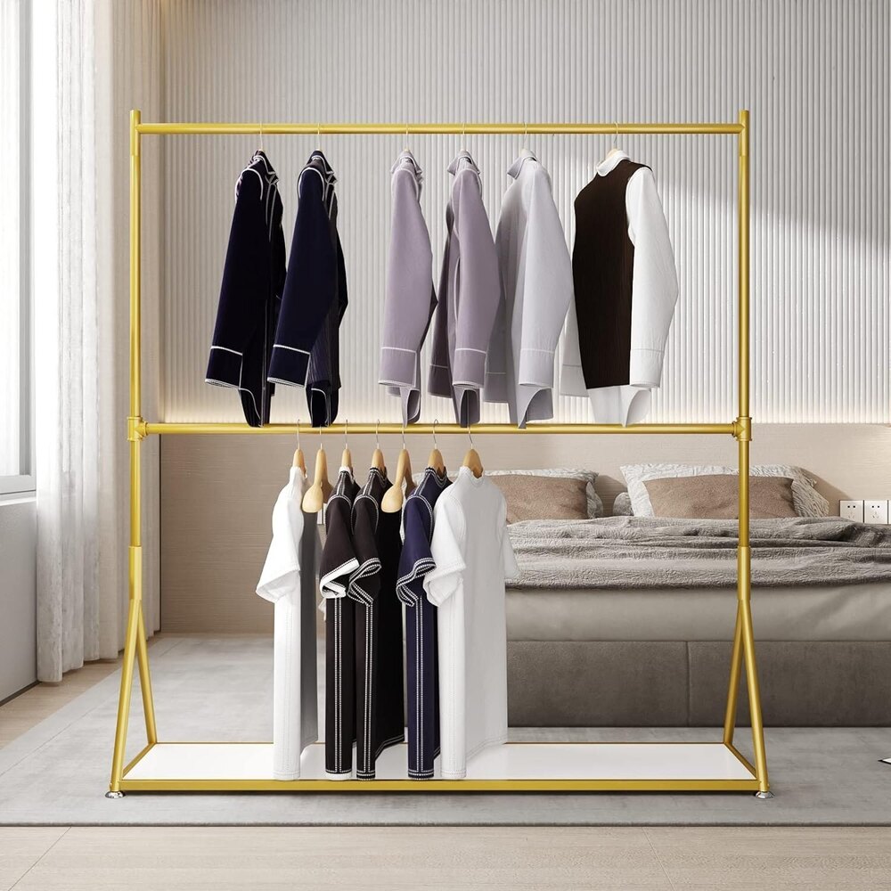 Iron Metal Gold Clothing Rack with Shelf, Clothes Racks, Modern Heavy Duty Garment Rack