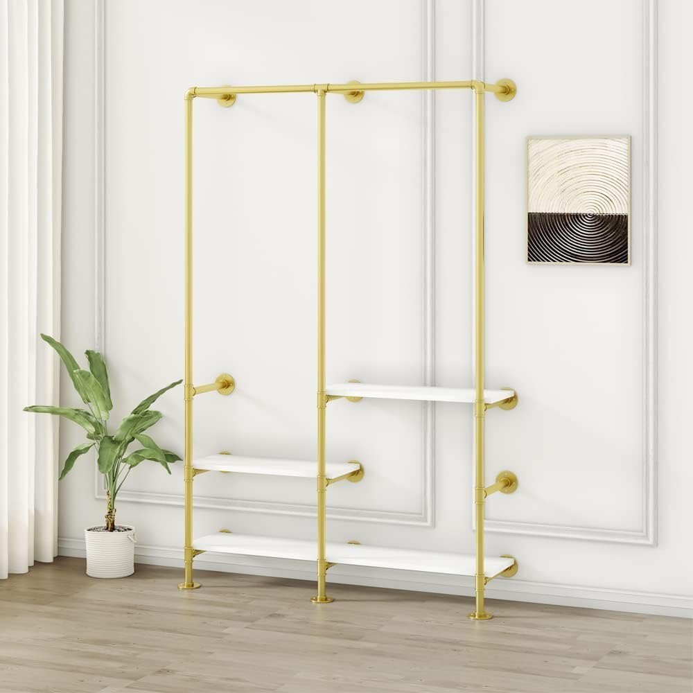 Gold Clothing Rack with 3-Tier Shelves, Multi-Purpose Heavy Duty Industrial Pipe Clothes Rack