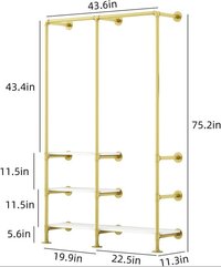 Gold Clothing Rack with 3-Tier Shelves, Multi-Purpose Heavy Duty Industrial Pipe Clothes Rack