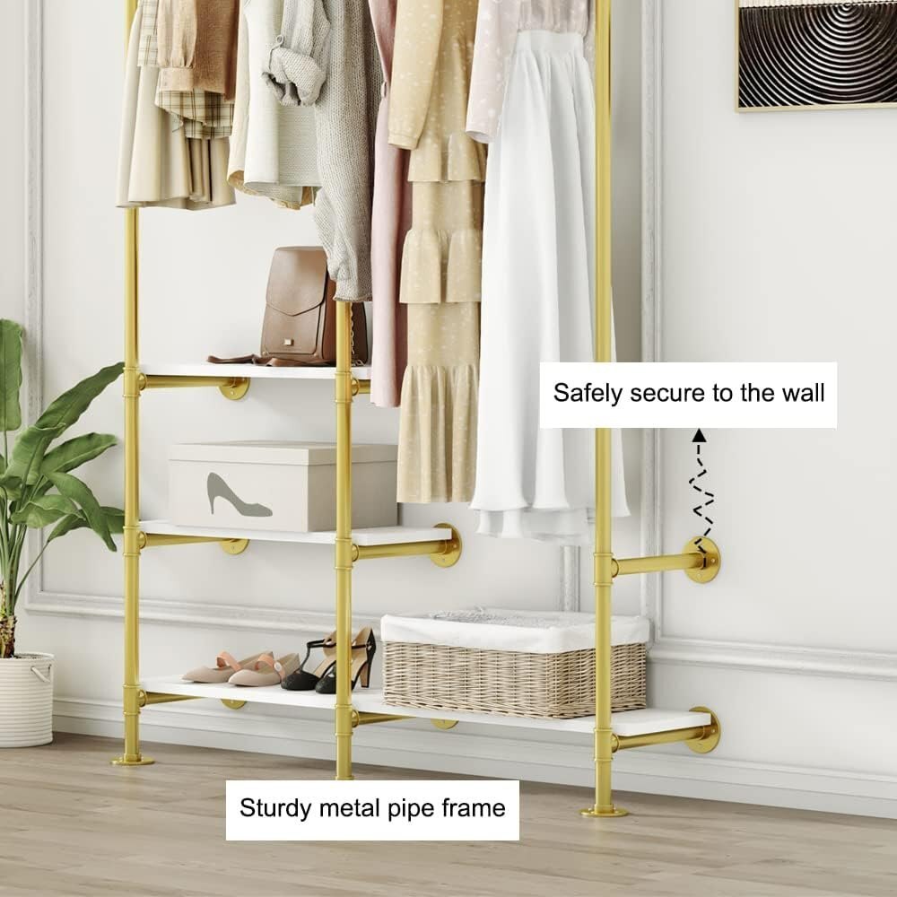 Gold Clothing Rack with 3-Tier Shelves, Multi-Purpose Heavy Duty Industrial Pipe Clothes Rack