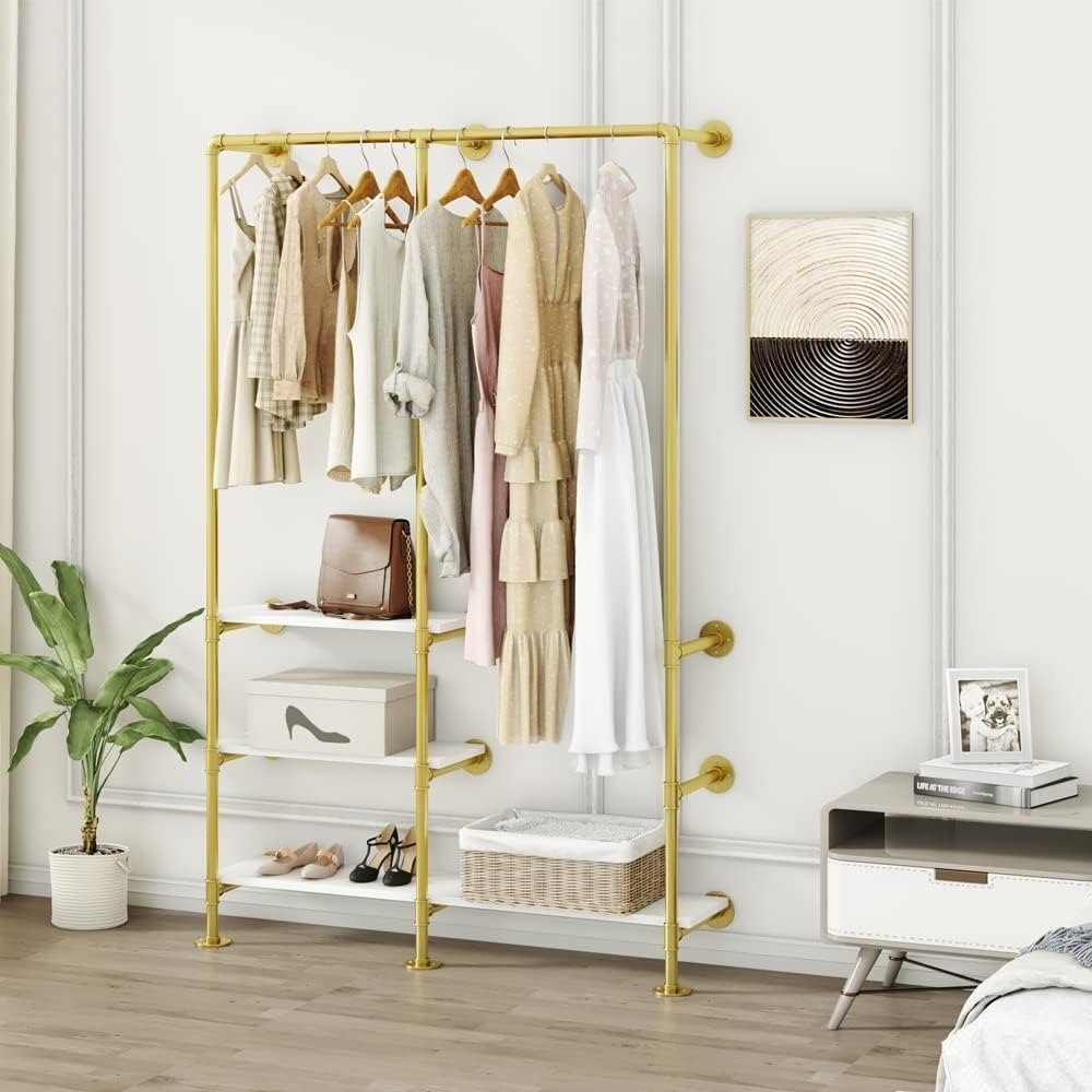 Gold Clothing Rack with 3-Tier Shelves, Multi-Purpose Heavy Duty Industrial Pipe Clothes Rack