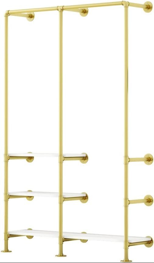 Gold Clothing Rack with 3-Tier Shelves, Multi-Purpose Heavy Duty Industrial Pipe Clothes Rack