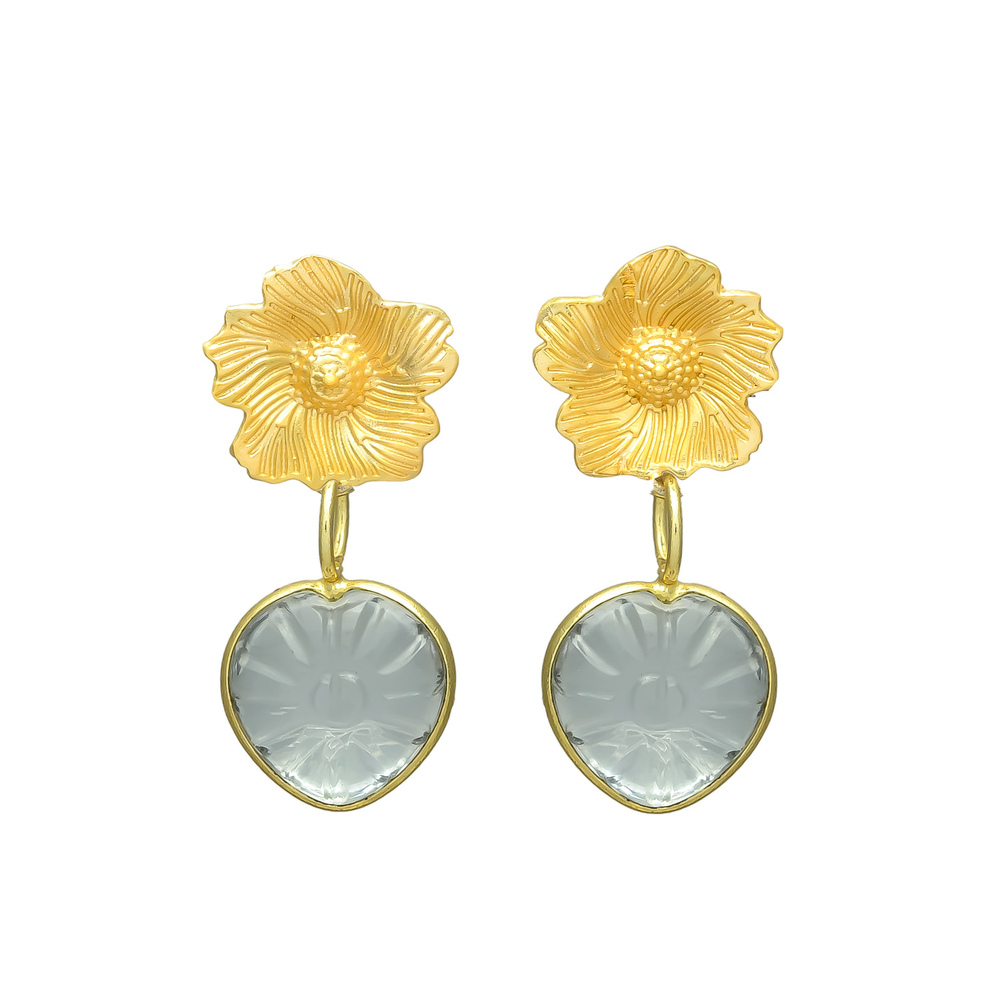 New arrival flower stud grey chalcedony gemstone earring set
