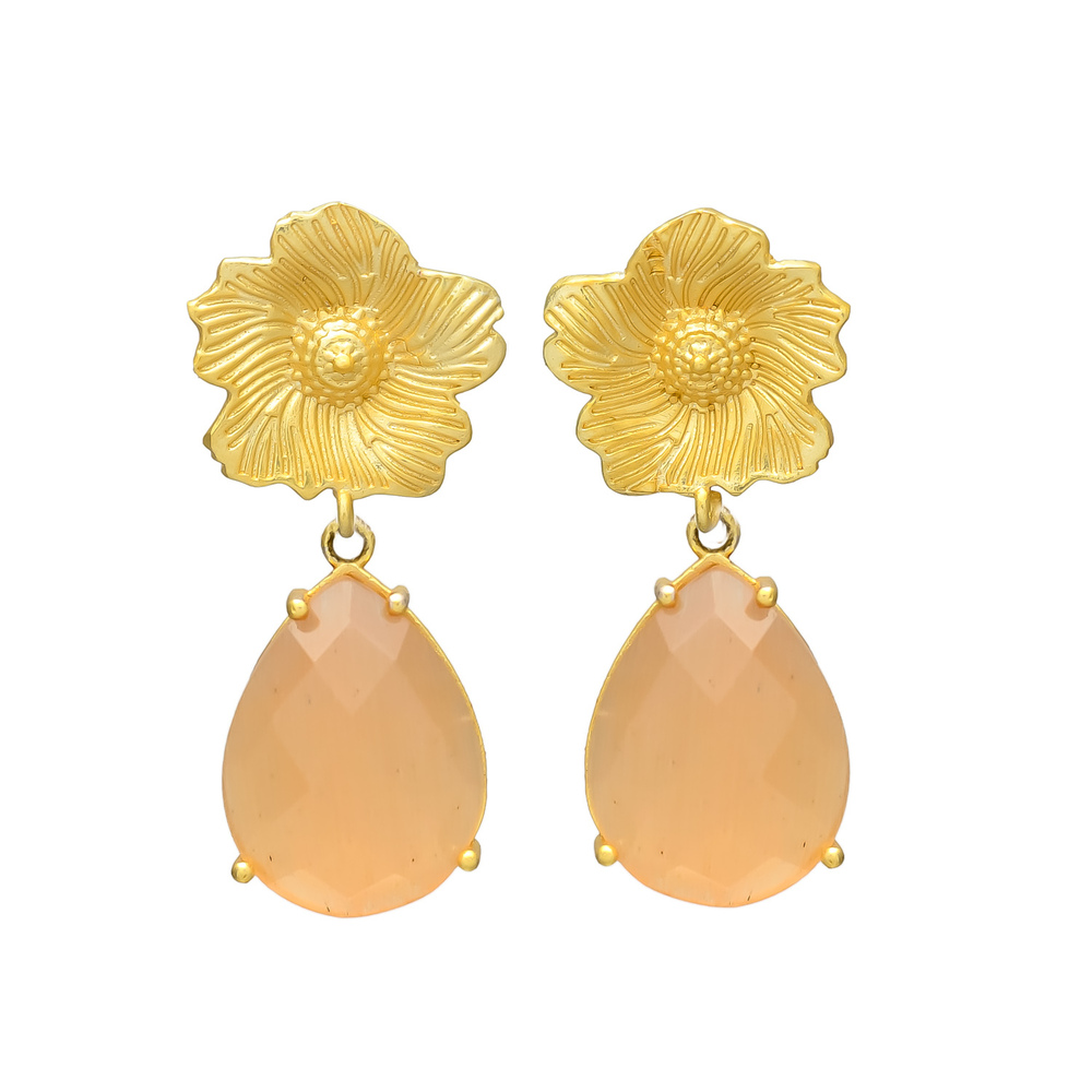 New arrival woman flower stud peach chalcedony earring, gold plated ethnic earring set