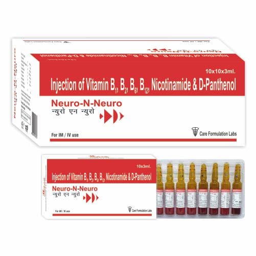 Thiamine HCL I.P 100 mg Riboflavin Sodium Phosphate I.P. 5mg Pyridoxine HCL I.P 100 mg Cyanocobalamin I.P 1000 mcg Nicotinamide I.P 100 mg D-Panthenol I.P. 50 mg Benzyl Alcohol I.P. 09% (As Preservative) Water for Injection IP