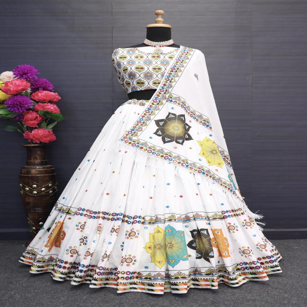 Lehenga Choli - Muslin Cotton, Semi-stitched Lehenga Up To 42 Waist, 4 Meter Flair, Printed With Real Mirror | Unstitched Blouse With Mirror, 2.10 Mtr Duppata