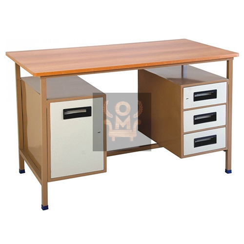 Mild Steel Rectangular Metal Office Table With Double Storage - Color: Brown